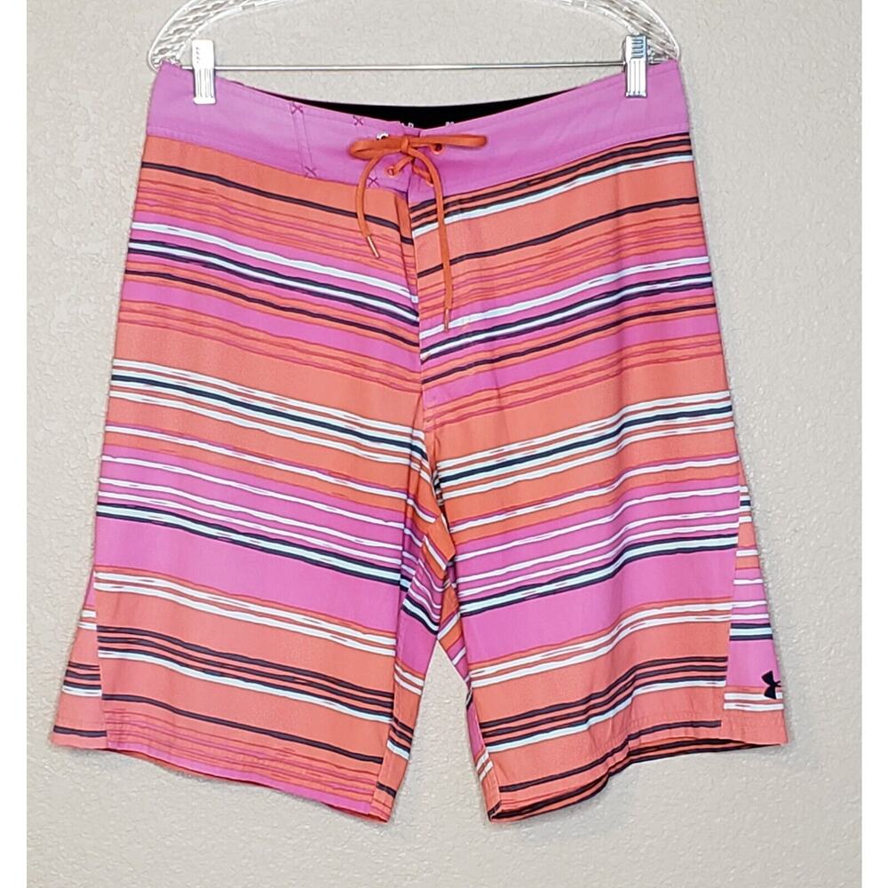 Under Armour Mens Swimsuit 34 Multicolor Stripe‎ Loose Fit HEATGEAR Board Shorts
